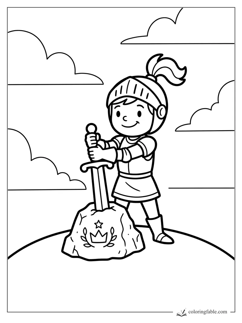 Little knight smiling while pulling a sword from a crown-marked stone under clouds
