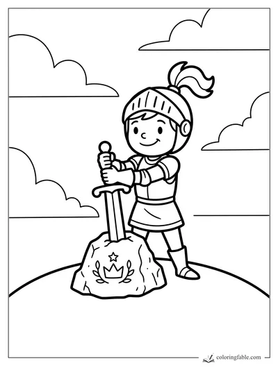 Little knight smiling while pulling a sword from a crown-marked stone under clouds