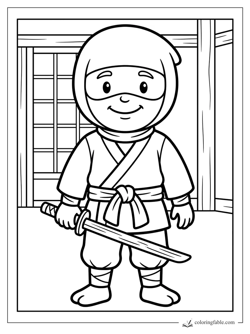 Easy coloring page of a smiling little ninja holding a sword in a dojo doorway.