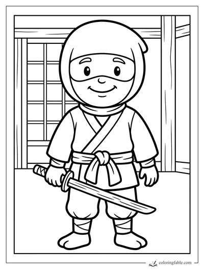 Easy coloring page of a smiling little ninja holding a sword in a dojo doorway.