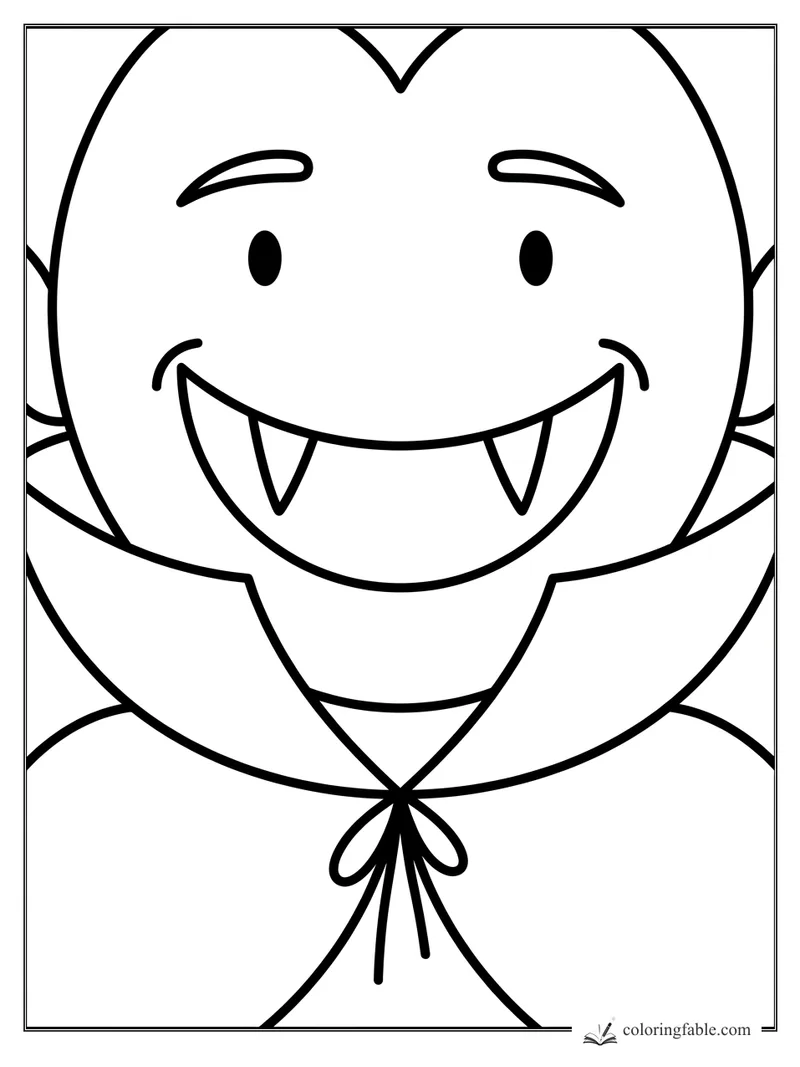 Minimalist smiling vampire coloring page with big fangs, arched brows, and a bow-tied cape.