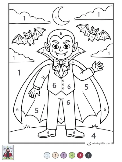 Smiling Little Vampire Under a Crescent Moon — color by number