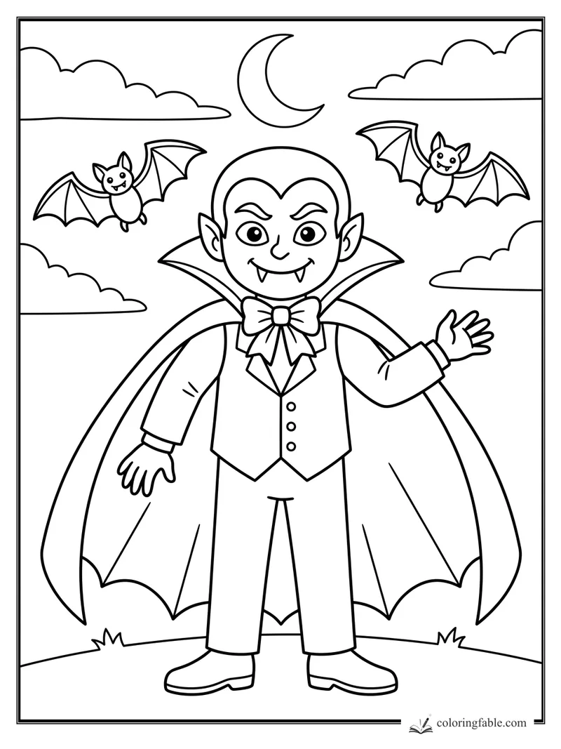 Cartoon vampire waving under a crescent moon with two bats and clouds