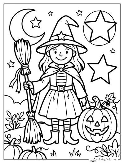 Easy witch coloring page with smiling girl, broom, crescent moon, stars, and jack-o'-lantern pumpkin.