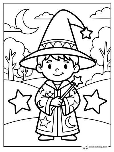 Little wizard in a tall hat holding a star wand under a moon and clouds