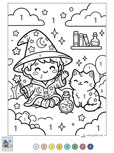 Smiling Little Wizard with Starry Cat — color by number