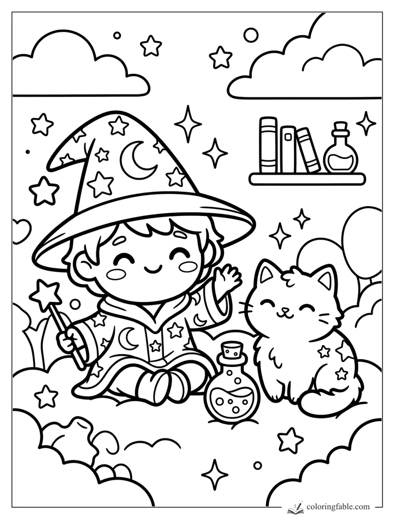 Kawaii wizard waving beside a star-marked cat, wand, potion bottle, books, clouds, stars, and balloons