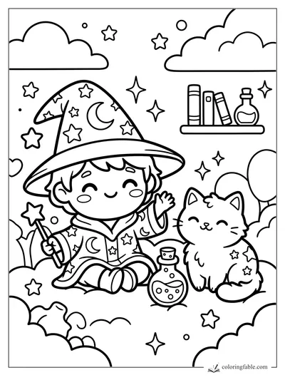 Kawaii wizard waving beside a star-marked cat, wand, potion bottle, books, clouds, stars, and balloons