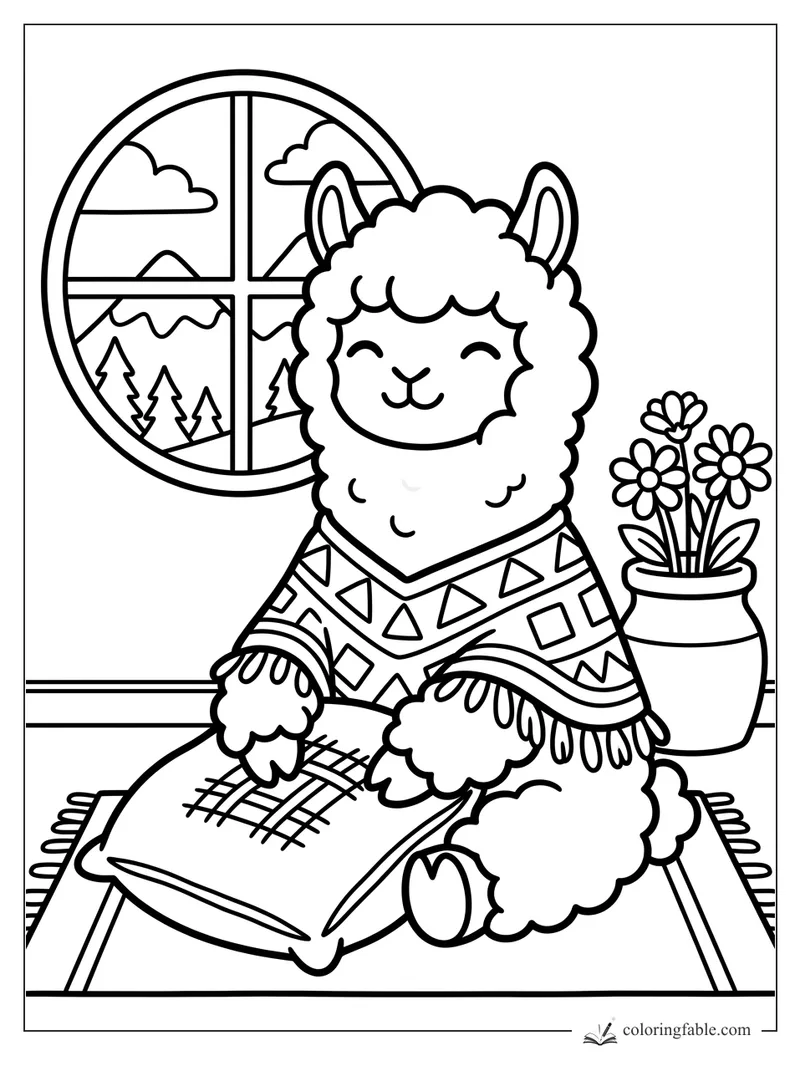 Cozy llama in a geometric poncho sitting on a cushion by a round mountain window and flower vase.