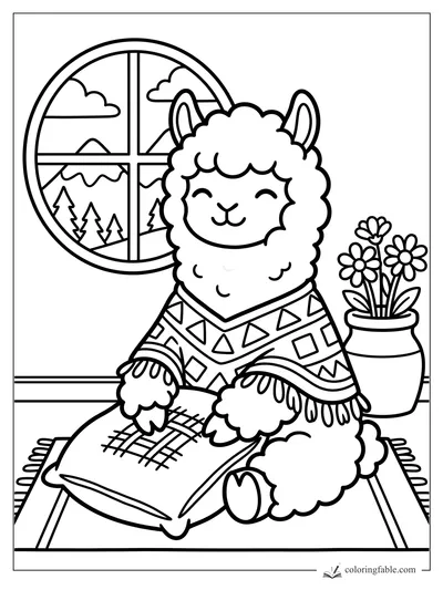 Cozy llama in a geometric poncho sitting on a cushion by a round mountain window and flower vase.