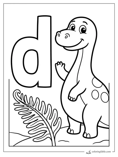 Smiling long-neck dinosaur beside a lowercase letter d and fern coloring page