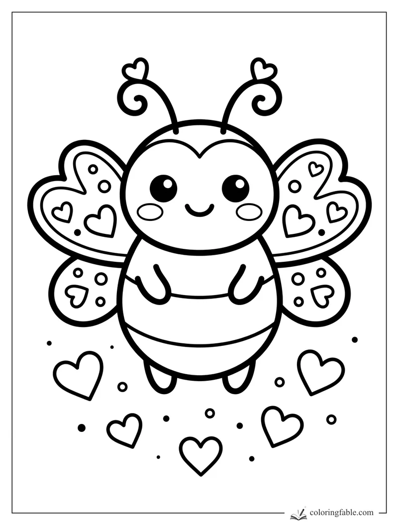 Kawaii love bug coloring page with heart wings, curly antennae, spots, and floating hearts.