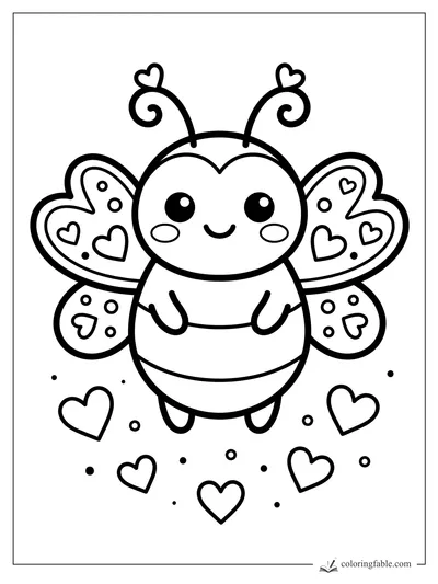 Kawaii love bug coloring page with heart wings, curly antennae, spots, and floating hearts.