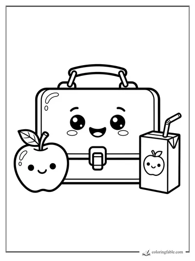 Kawaii lunchbox with a happy face, apple with leaf, and apple juice box with a bendy straw.
