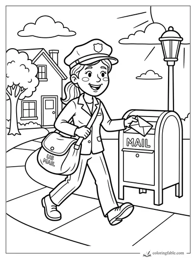 Cartoon mail carrier placing an envelope in a street mailbox by houses, trees, clouds, and a lamp post.