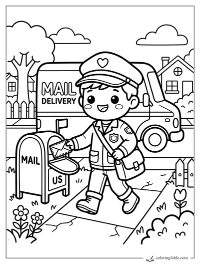 Kawaii mail carrier placing an envelope in a mailbox beside a mail delivery truck and houses