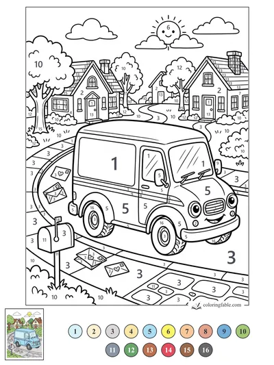 Smiling Mail Truck on a Sunny Neighborhood Route — color by number