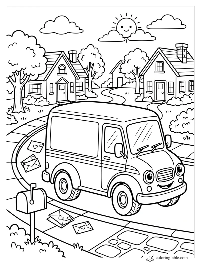 Cartoon mail truck by a mailbox with heart-stamped letters, houses, trees, clouds, and a smiling sun.