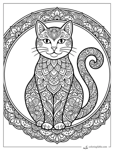 Intricate mandala cat coloring page with floral body patterns, curled tail, and circular flower border.