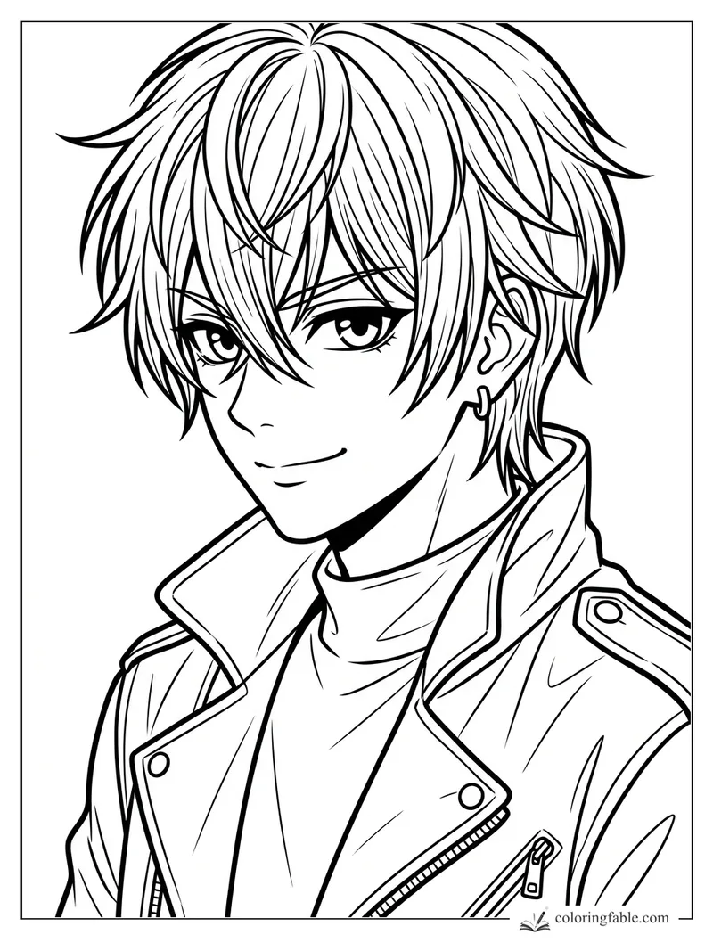 Intricate manga boy portrait with shaggy hair, hoop earring, soft smile, and zippered biker jacket.