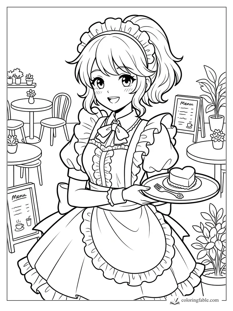 Manga café maid smiling with a heart-shaped cake tray, menus, tables, chairs, and potted plants.