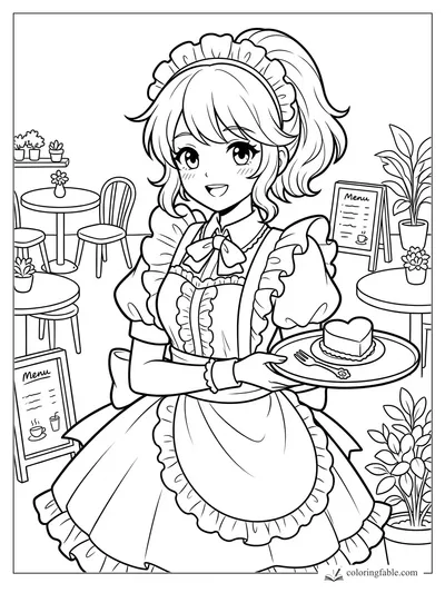 Manga café maid smiling with a heart-shaped cake tray, menus, tables, chairs, and potted plants.