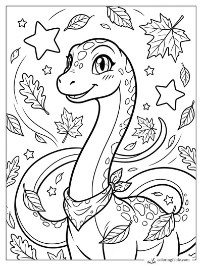 Manga diplodocus with big eyes, spotted neck, tied scarf, swirling leaves, and star shapes to color