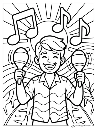 Smiling boy shaking two maracas with large music notes, sunburst lines, and leafy plants behind him.