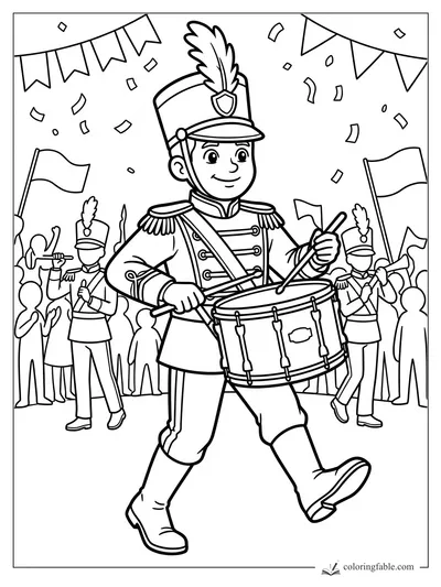 Cartoon marching band drummer with feathered hat, flags, bunting, confetti, and cheering crowd