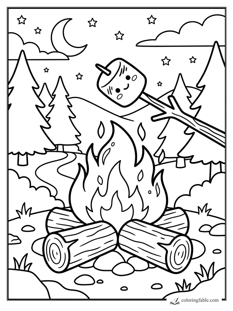 Cute marshmallow on a stick roasting over a campfire under moon, stars, pines, and clouds.