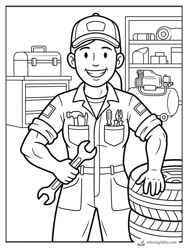 Cartoon mechanic holding a wrench beside stacked tires, toolbox, shelves, and air compressor in a garage.