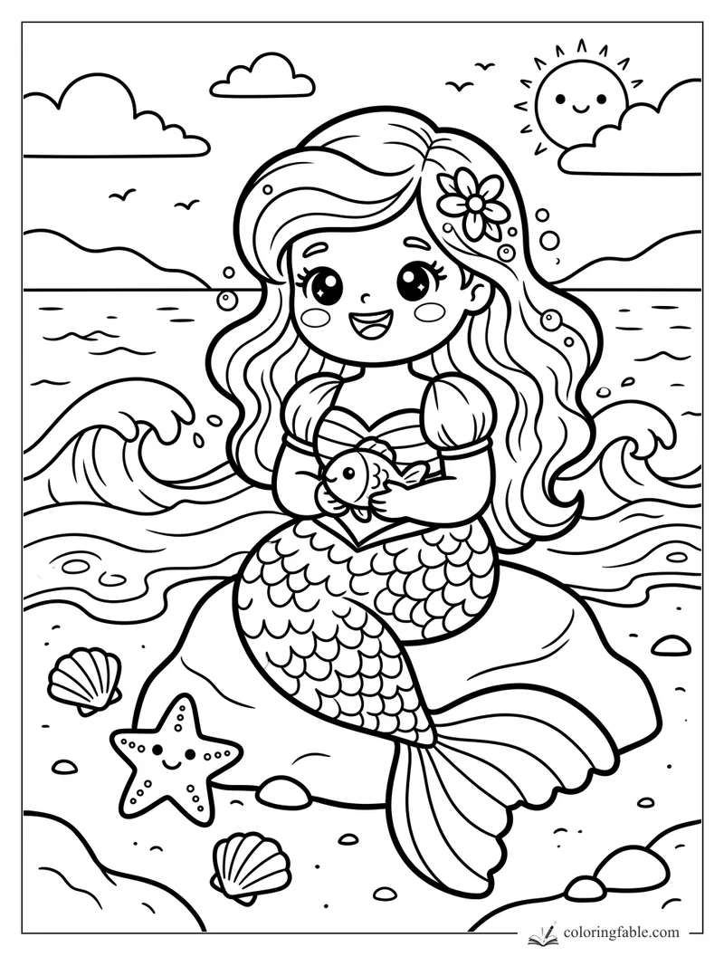 Kawaii mermaid holding a small fish on a rock with waves, shells, starfish, clouds, and smiling sun