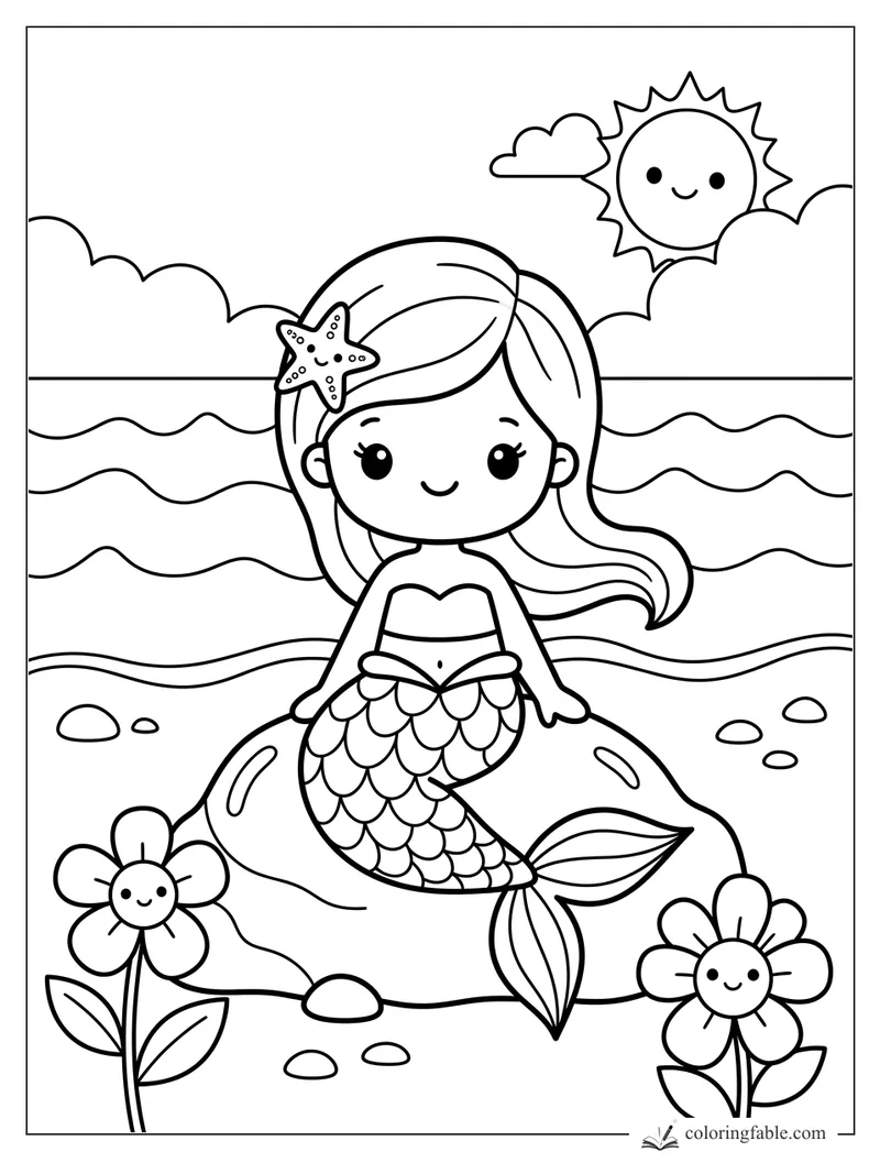 Kawaii mermaid sitting on a shore rock with a starfish clip, waves, smiling sun, clouds, and flowers.