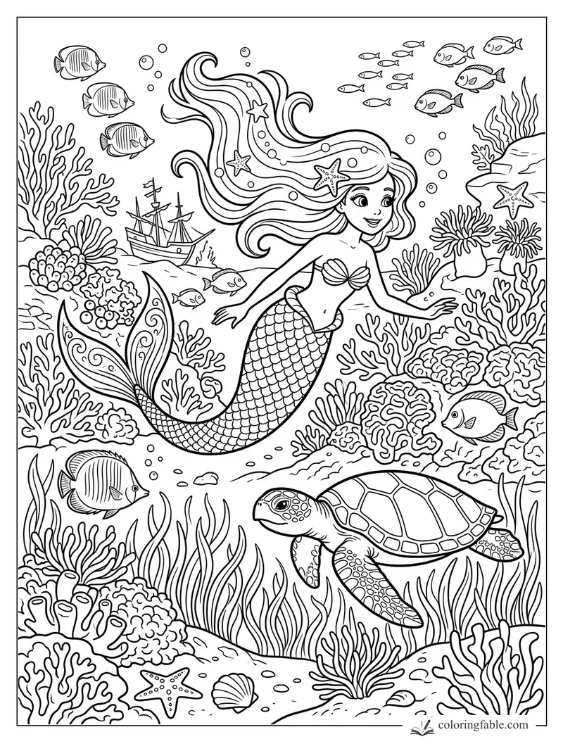 Smiling mermaid with flowing hair, sea turtle, fish, shipwreck, starfish, and coral reef to color