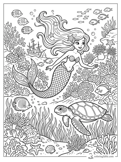 Smiling mermaid with flowing hair, sea turtle, fish, shipwreck, starfish, and coral reef to color