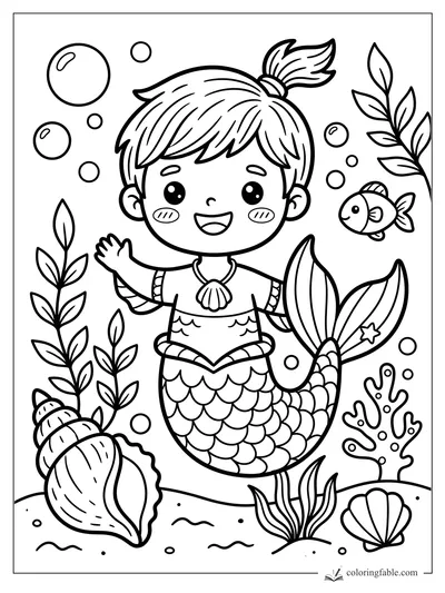 Kawaii mermaid waving beside seaweed, bubbles, a fish, coral, and large seashells