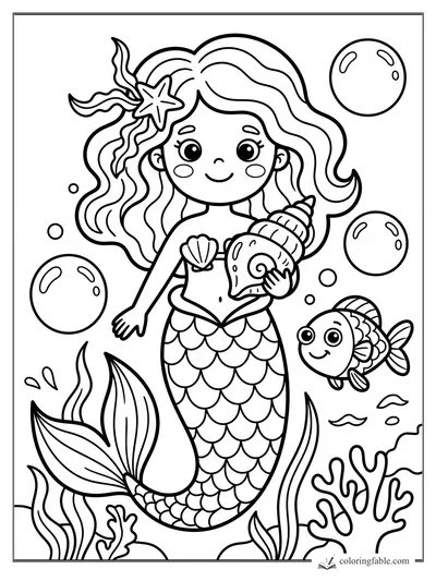 Easy mermaid coloring page with shell phone, starfish hair clip, fish, bubbles, seaweed, and coral.