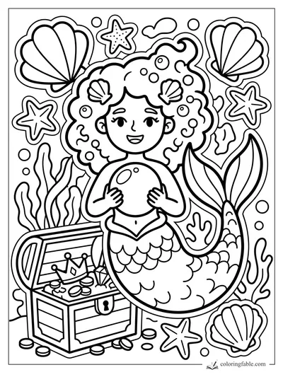 Smiling mermaid holding a pearl beside an open treasure chest, shells, starfish, bubbles, and seaweed.