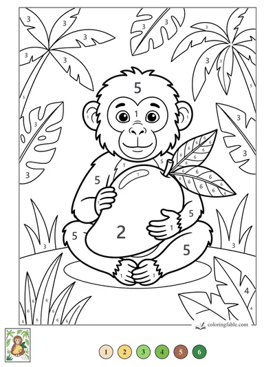 Smiling Monkey Holding a Leafy Mango — color by number