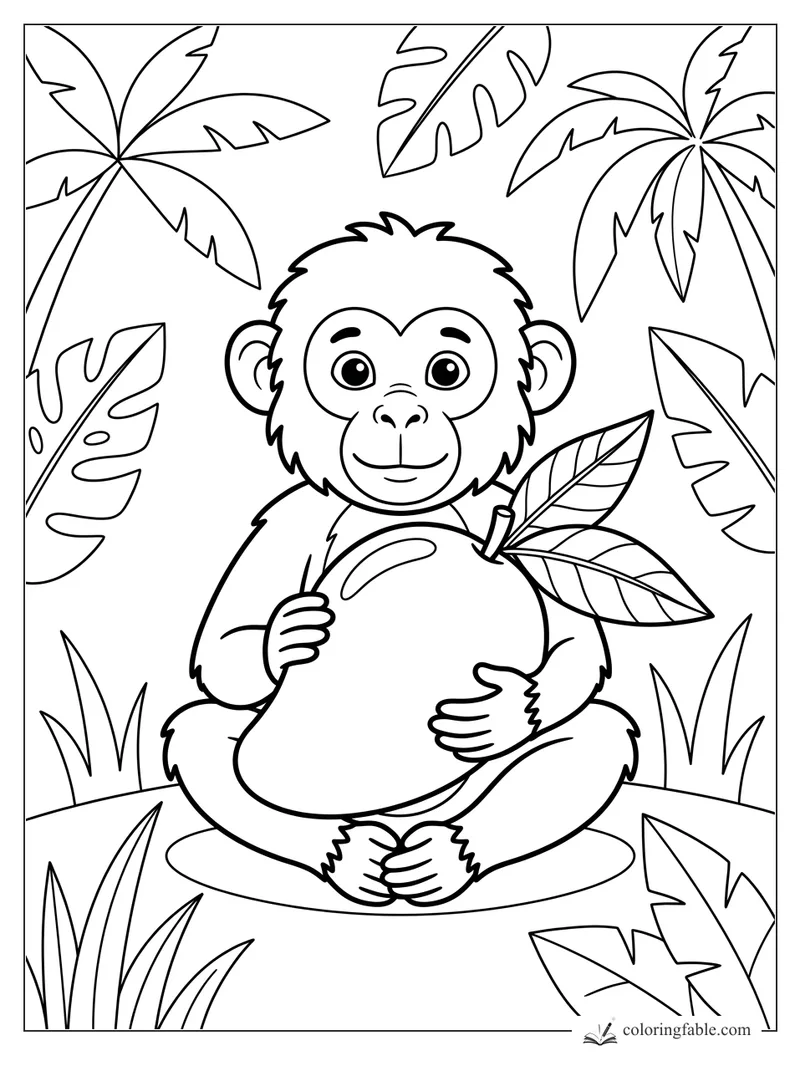 Cute monkey sitting in jungle leaves and holding a big mango with two leaves
