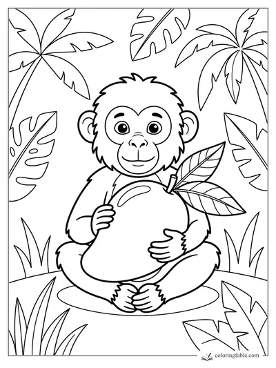 Cute monkey sitting in jungle leaves and holding a big mango with two leaves