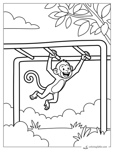 Happy monkey swinging from playground bars with leafy branches, bushes, and a cloud behind him.