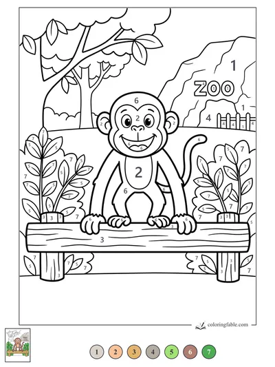 Smiling Monkey on the Zoo Rail — color by number