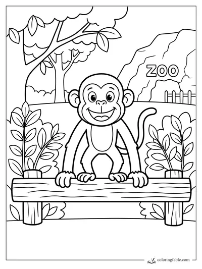 Smiling monkey perched on a wooden zoo rail with leafy plants, trees, a rock sign, and fence.
