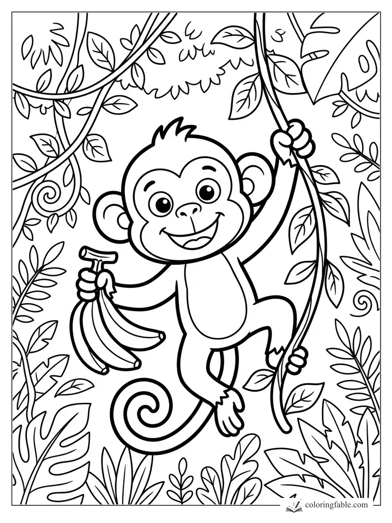 Cute monkey swinging on a jungle vine while holding bananas among leafy plants