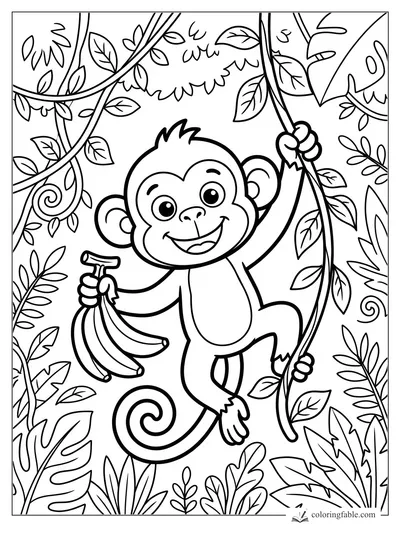 Cute monkey swinging on a jungle vine while holding bananas among leafy plants