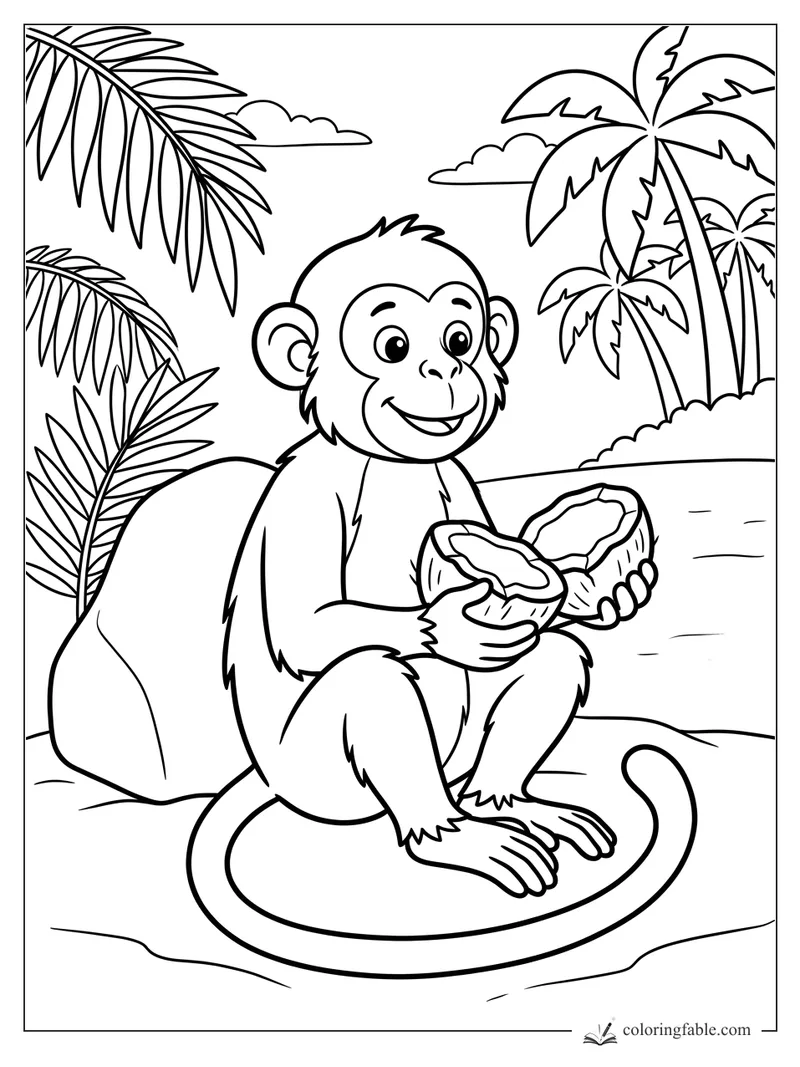 Smiling monkey holding two open coconuts by palm trees and a shoreline