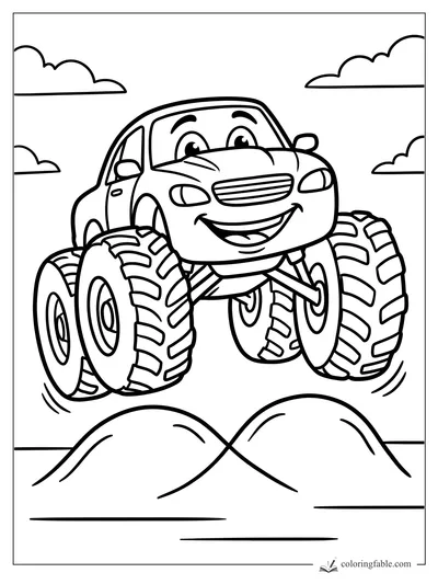 Smiling monster car with giant tires jumping over two rounded hills under clouds