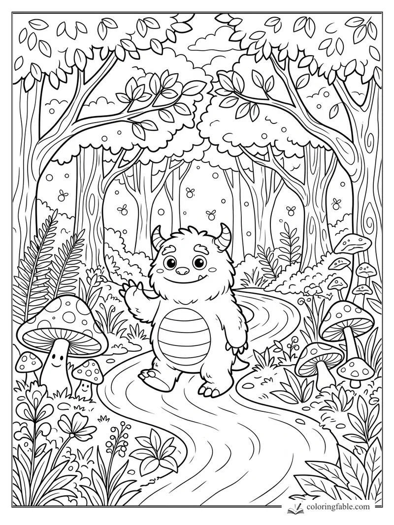 Cute horned monster waving on a winding forest path with mushrooms, ferns, leafy trees, and fireflies.