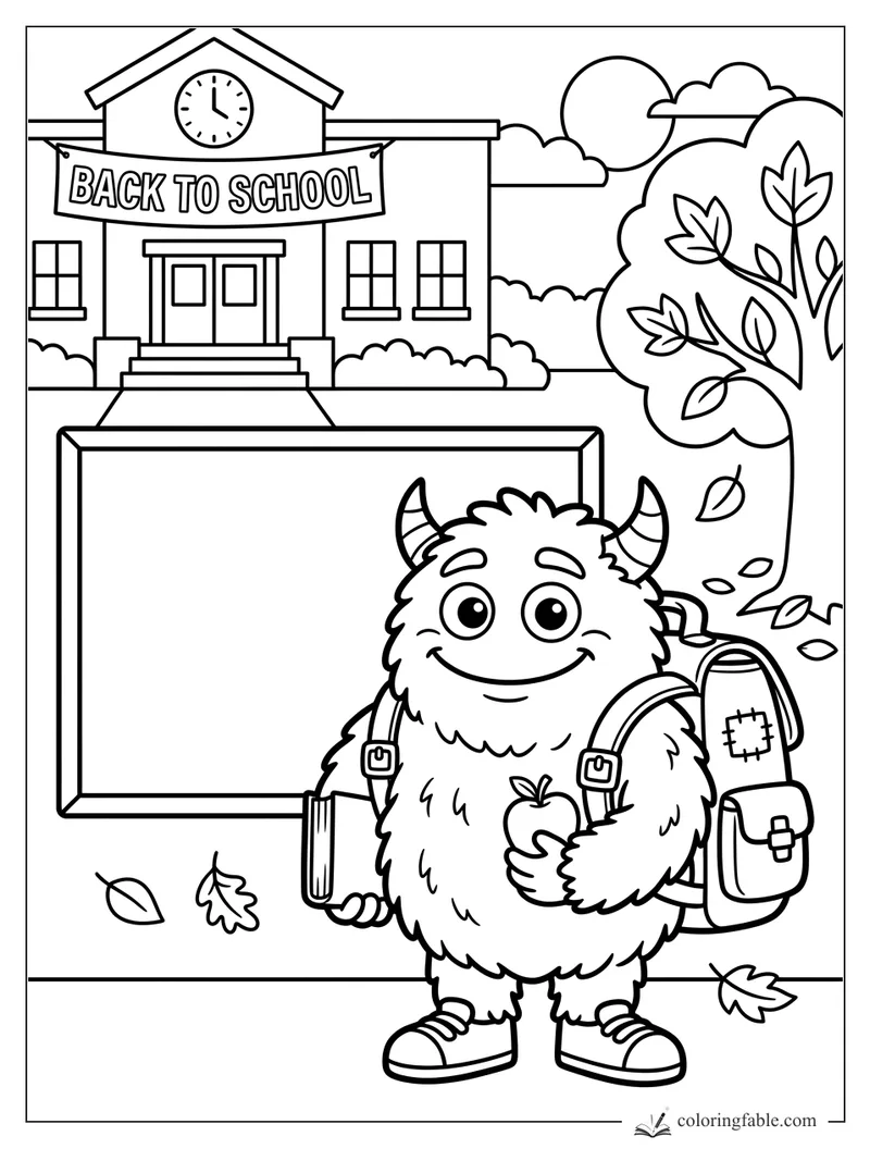 Cute horned monster with backpack and apple in front of a back-to-school building.